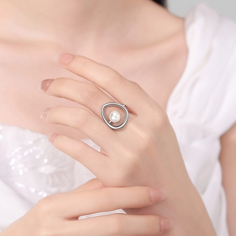 Irregular Geometric Ring With Imitation Artificial Pearl For Women Minimalist Alloy Open Adjustable Finger Jewelry Elegant Style