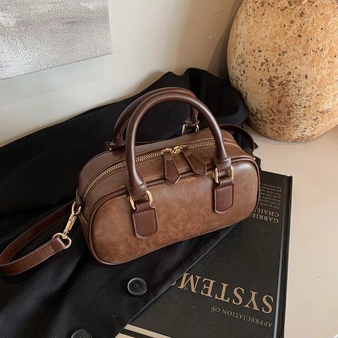 Bolso Boston Vintage De Cuero PU Con Asa Superior Bolso De Mano Cruzado Para Mujer Retro Minimalista Bolso Cuadrado Pequeño