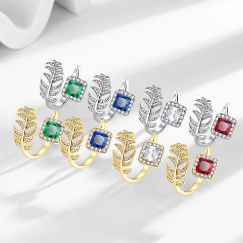 Leaf Open Ring Copper Cubic Zirconia Adjustable Finger Jewelry Elegant Luxury Fashion Accessories For Women