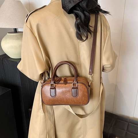 Bolso Boston Vintage De Cuero PU Con Asa Superior Bolso De Mano Cruzado Para Mujer Retro Minimalista Bolso Cuadrado Pequeño