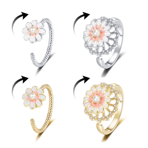 Anello Margherita Rotante Rame Smalto Zirconia Perla Artificial Fiore Antistress Regolabile Aperto Gioielli Da Dito