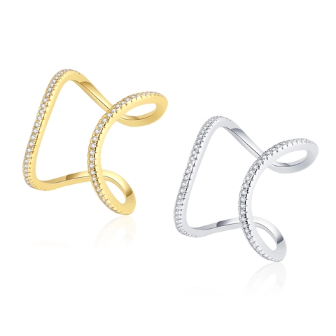 Double Layer Wave Curve Ring Copper Micro Pavé Cubic Zirconia Adjustable Open Geometric Jewelry For Women