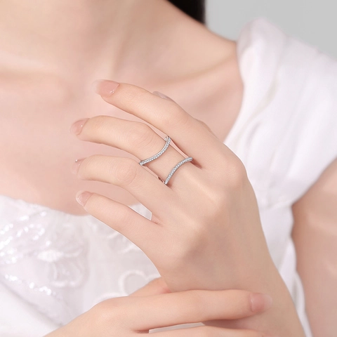 Double Layer Wave Curve Ring Copper Micro Pavé Cubic Zirconia Adjustable Open Geometric Jewelry For Women