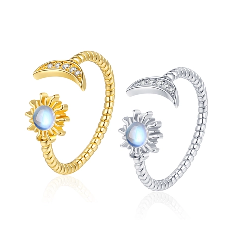 Sun Moon Open Ring Copper With Synthetic Moonstone And Cubic Zirconia Adjustable Twist Rope Band For Women