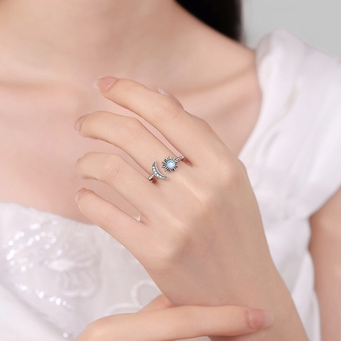 Sun Moon Open Ring Copper With Synthetic Moonstone And Cubic Zirconia Adjustable Twist Rope Band For Women