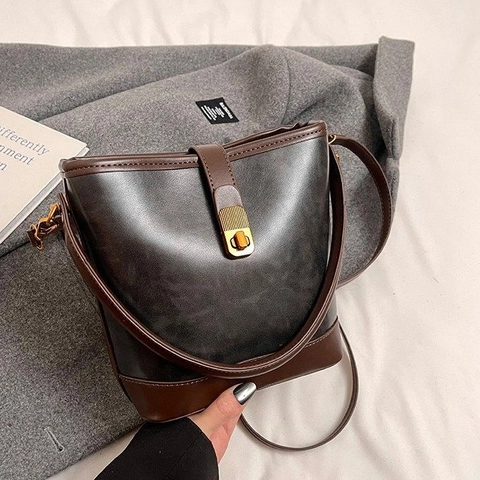 Borsa A Secchiello In Pelle PU Vintage Da Donna Colore A Contrasto Retrò Borsa A Mano Tracolla Con Chiusura In Metallo