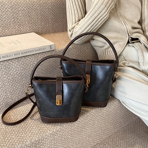 Borsa A Secchiello In Pelle PU Vintage Da Donna Colore A Contrasto Retrò Borsa A Mano Tracolla Con Chiusura In Metallo
