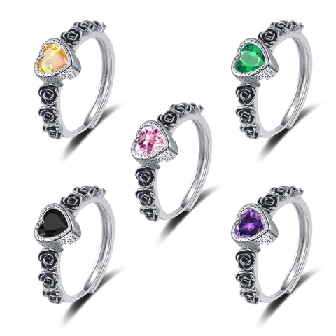 Vintage Rose Heart Ring For Women Copper Adjustable Open Finger Jewelry Gothic Romantic Aesthetic Multi Color Gemstone