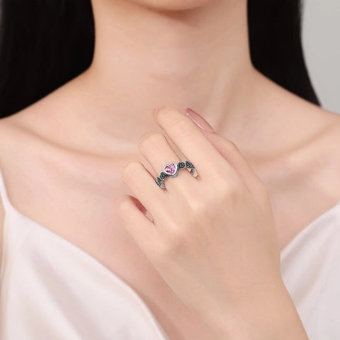 Vintage Rose Heart Ring For Women Copper Adjustable Open Finger Jewelry Gothic Romantic Aesthetic Multi Color Gemstone