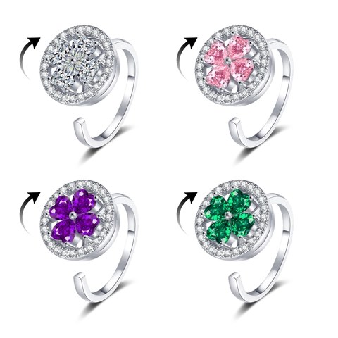 Rotating Lucky Clover Ring For Women Adjustable Copper Heart Zirconia Anxiety Relief Fidget Jewelry Gift