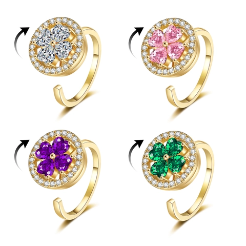 Rotating Lucky Clover Ring For Women Adjustable Copper Heart Zirconia Anxiety Relief Fidget Jewelry Gift