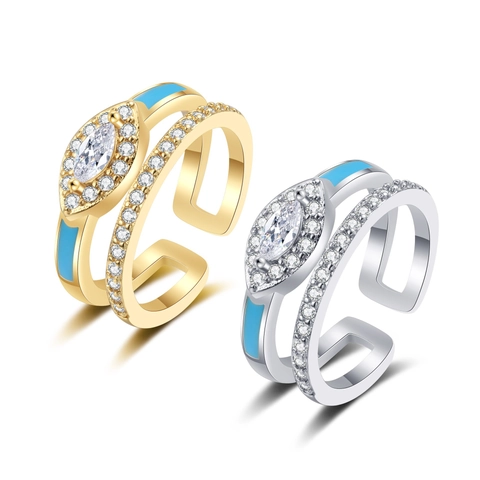 Double Layer Evil Eye Ring For Women Copper With Marquise Zircon And Blue Enamel Adjustable Retro Fashion Statement Jewelry