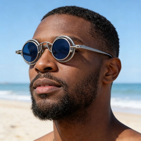 Lunettes de Soleil Rondes Steampunk Homme Branches Métal UV400 Détachable Double Couche Style Industriel Rétro