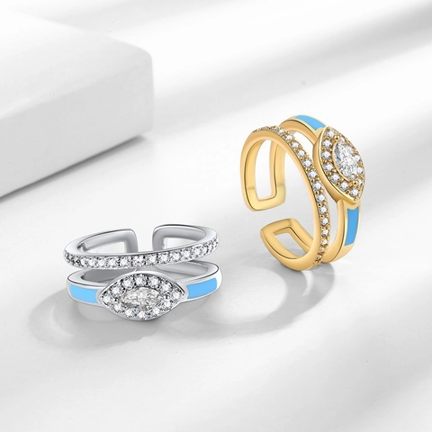 Double Layer Evil Eye Ring For Women Copper With Marquise Zircon And Blue Enamel Adjustable Retro Fashion Statement Jewelry