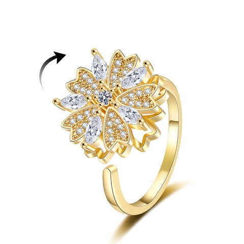 Anillo Rotante Fiore Da Donna Rame Con Zircone Regolabile Aperto Fidget Gioielli Elegante Regalo Antistress