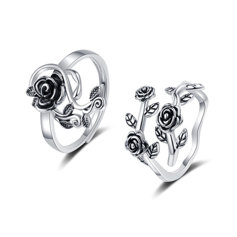 Anello In Rame Con Ramo Di Rosa Vintage Per Donna Stile Argento Tailandese Retrò Regolabile Aperto Gioielli Da Dito