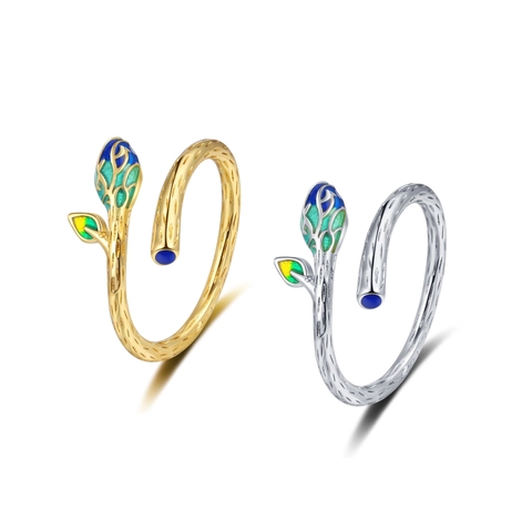Natur Blatt Verstellbarer Ring Kupfer Aststruktur Blau Grüne Emaille Farbverlauf Blütenknospe Eleganter Schmuck Geschenk