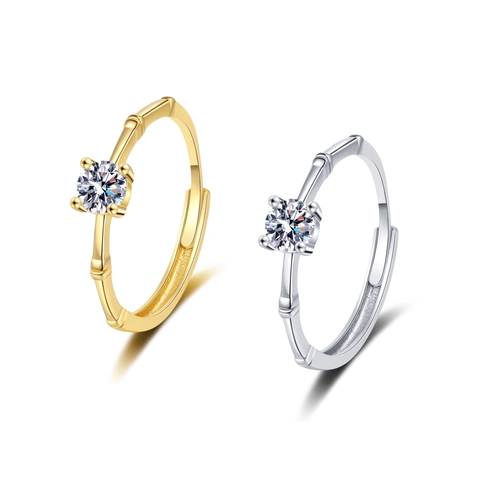 Elegant Bamboo Joint Design Copper Ring Round Cut Cubic Zirconia Adjustable Open Size Fashion Jewelry For Women