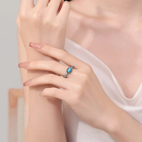 Retro Kupferring Mit Ovalem Blauem Türkis Verstellbarer Offener Band Ethnische Feder Muster Böhmischer Stil Für Frauen