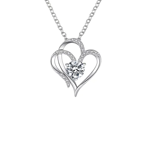Double Heart Pendant Necklace Copper Interlocking Sparkling Rhinestone Zircon Wedding Valentine Gift For Women