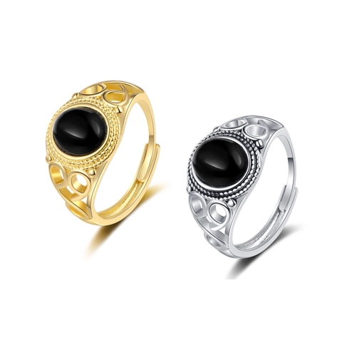 Anillo Vintage Con Ágata Negra Ovalada Y Patrón De Rejilla Hueca Banda Abierta Ajustable Bohemio