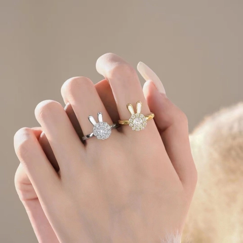 Cute Rabbit Ear Adjustable Open Ring Copper Cubic Zirconia Rhinestone Sparkly Animal Jewelry For Women Fashion Gift