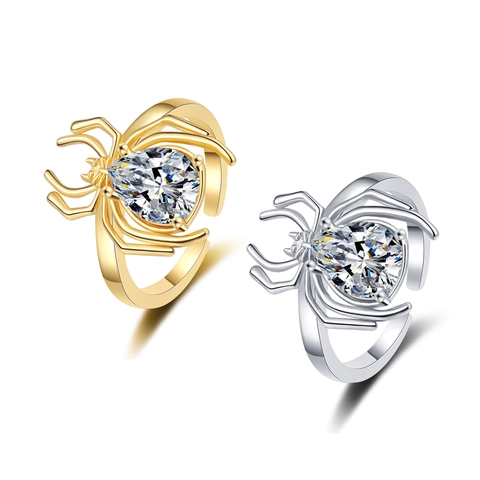 Anillo De Araña Cobre Chapado En Oro 18K Anillo Abierto Ajustable Circón Talla Pera Halloween Gótico Mujeres