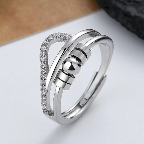 Anello Spinner Per Ansia In Rame Micro Pave Zirconia Cubica Regolabile Perline Ruotanti Doppio Strato Gioielli