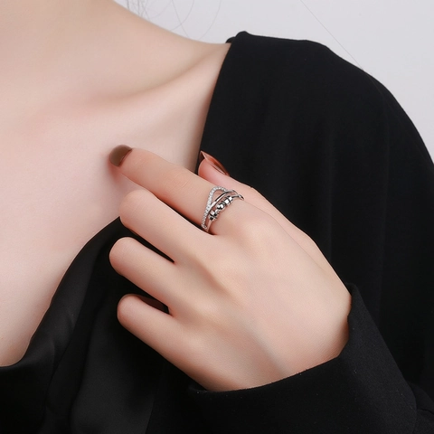 Anello Spinner Per Ansia In Rame Micro Pave Zirconia Cubica Regolabile Perline Ruotanti Doppio Strato Gioielli