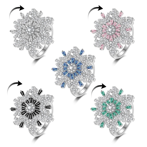 Anillo Spinner Copo De Nieve Cobre Con Circonita Ajustable Alivio Ansiedad Joyería Giratoria Mujeres Regalo Navidad Lujo