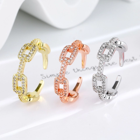 Copper Chain Link Adjustable Ring With Zircon Pave Inlay Minimalist Ins Style Elegant Finger Jewelry For Women