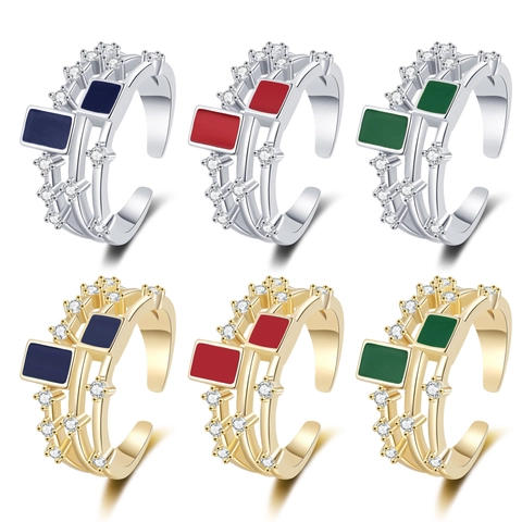 Triple Layer Open Ring Copper Enamel Geometric Square Cubic Zirconia Adjustable Luxury Fashion Jewelry For Women