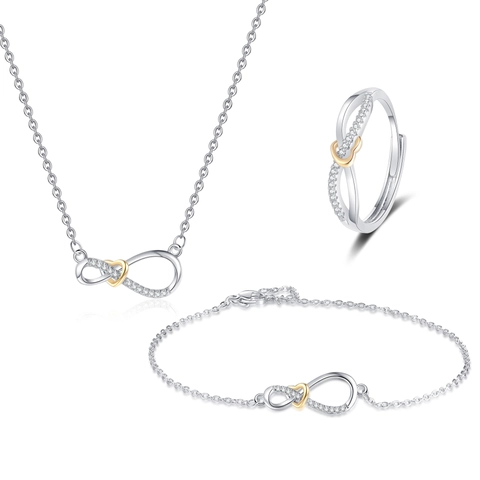 Infinity Hart Koper Verguld Glinsterende Zirkonia Ketting Armband En Verstelbare Ring Voor Dames Romantische Stijl