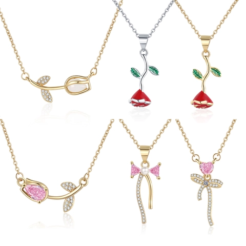 Collar Con Colgante De Flor Tulipán Rosa Cobre Zircón Esmalte Perla Artificial Lazo Corazón Joyería Elegante Regalo Mujer