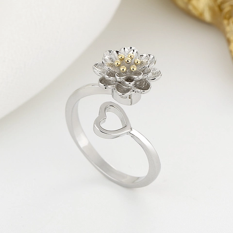Anillo Giratorio De Corazón De Girasol Cobre Ajustable Galvanizado Alivio Del Estrés Joyería De Moda Para Mujeres