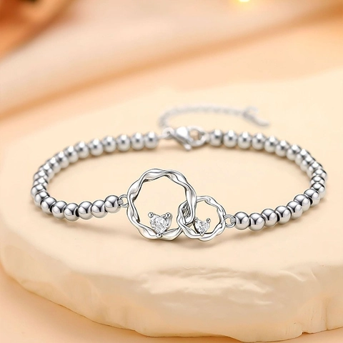 Elegante Hart Zirkoon Koperen Kralen Armband Voor Vrouwen In elkaar Grijpende Dubbele Ring Minimalistische Mode Sieraden