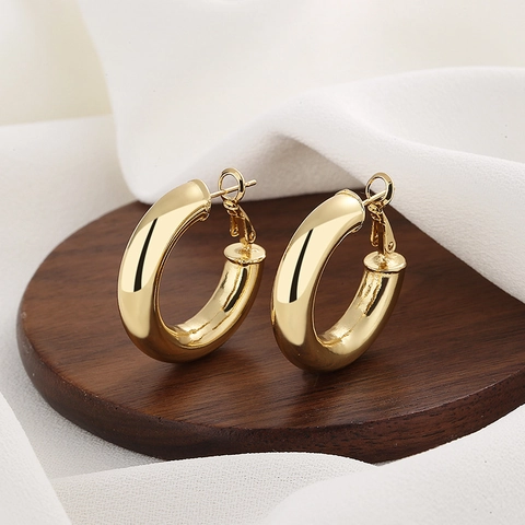 Orecchini A Cerchio Chunky Rame Placcato Oro 18K Lucido Specchio Cavo Geometrico Con Perno In Argento Sterling 925