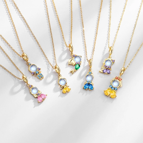 Zeemeermin Prinses Hanger Ketting Verguld Koper Met Kleurrijke Zirkonia En Synthetische Maansteen Sprookjesachtige Sieraden