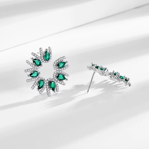 Sunburst Flower Stud Earrings Copper With Silver Earring Post And Colorful Pear Cut Cubic Zirconia For Women Elegant
