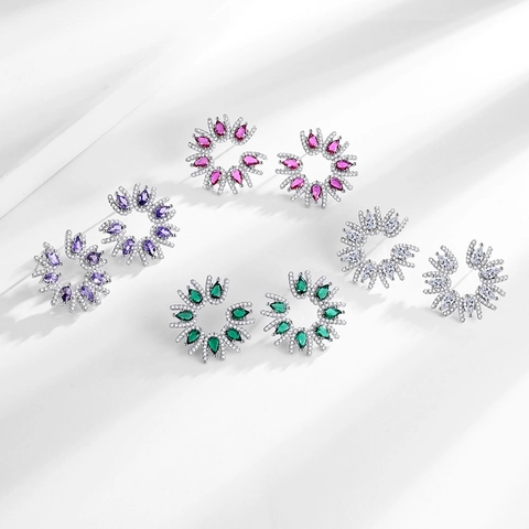 Sunburst Flower Stud Earrings Copper With Silver Earring Post And Colorful Pear Cut Cubic Zirconia For Women Elegant