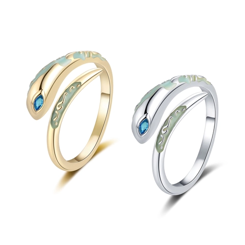 Snake Open Ring Copper With Blue Zircon Eye And Green Enamel Pattern Punk Adjustable Animal Jewelry For Women Men
