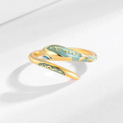 Snake Open Ring Copper With Blue Zircon Eye And Green Enamel Pattern Punk Adjustable Animal Jewelry For Women Men