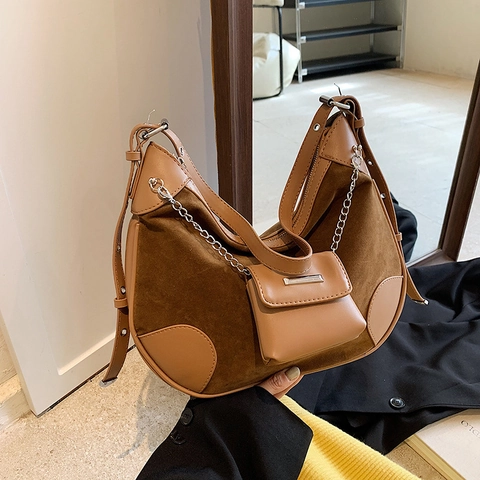 Borsa A Spalla Hobo Patchwork Camoscio PU Catena Argentata Decorativo Mini Pochette Borsa Da Ascella Vintage Retro Donne