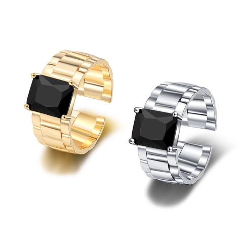 Retro Rechteckiger Schwarzer Zirkon Ring Kupfer Verstellbar Offen Uhrenarmband Link Design Punk Unisex Schmuck