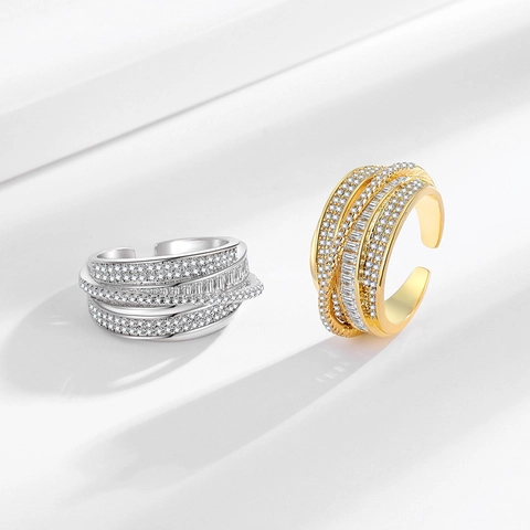Multi Layer Verflochtener Offener Ring Kupfer Mit Zirkonia Luxus Baguette Schliff Verstellbarer Modeschmuck Für Damen