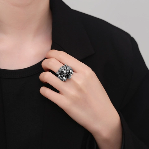 Retro Tijgerkop Ring Brullend Dier Gesneden Koper Verstelbare Open Band Hip Hop Punk Sieraden Voor Mannen