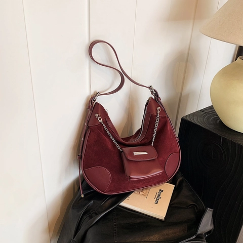 Borsa A Spalla Hobo Patchwork Camoscio PU Catena Argentata Decorativo Mini Pochette Borsa Da Ascella Vintage Retro Donne