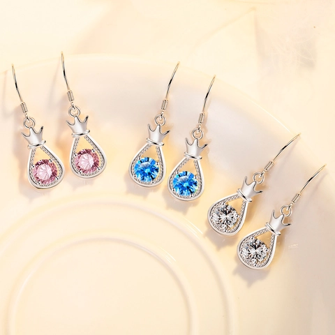 Crown Water Drop Dangle Earrings Copper With Colorful Zircon And 925 Sterling Silver Earring Post For Women Elegant Jewelry