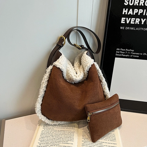 Grande Borsa A Spalla In Scamosciato Sintetico E Patchwork In Lana D'agnello Vintage Hobo Tote Da Donna Inverno