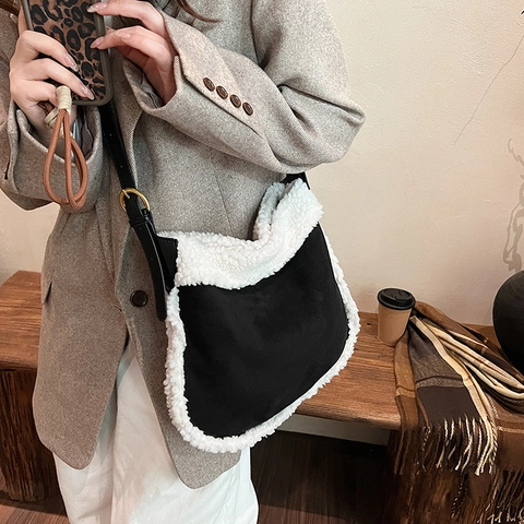 Grande Borsa A Spalla In Scamosciato Sintetico E Patchwork In Lana D'agnello Vintage Hobo Tote Da Donna Inverno